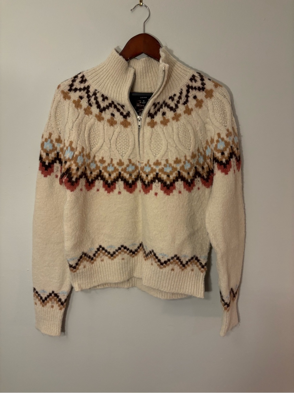 Lulus Cream Fair Isle Cable Knit Quarter-Zip Sweater — Size M ❄️